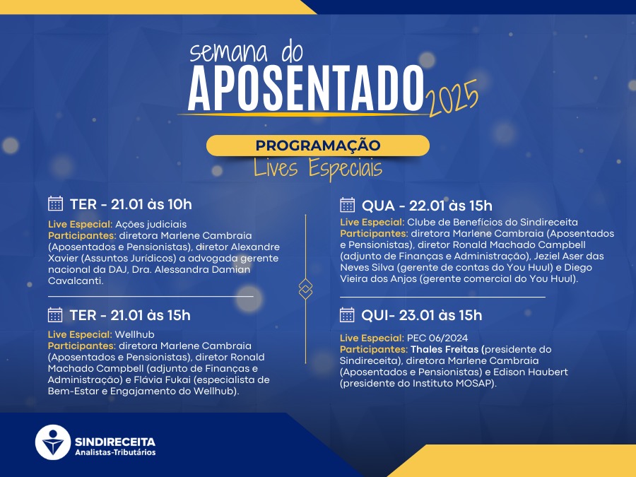 Sindireceita divulga programação da Semana do Aposentado de 2025